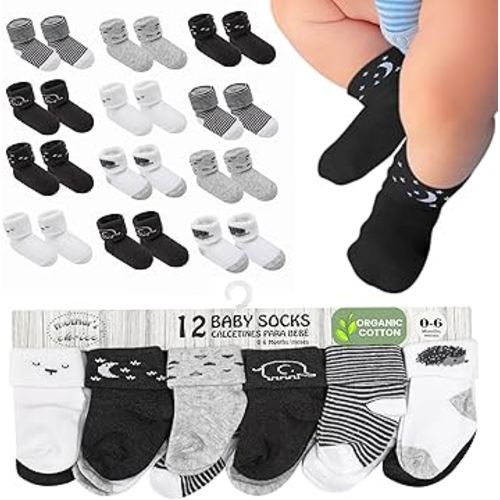 Mother's Choice Organic Cotton Baby Socks, 12 Pairs, Unisex 0-6 Months - Soft, Hypoallergenic Newborn & Infant Socks - Baby Girl & Boy Gifts