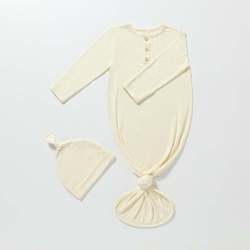 Rciityk White Newborn Baby Boys Girls Knotted Gown Bodysuit Soft Infant Sleeper Romper Baby Long Sleeve Pajamas Gown with Hat 2PC
