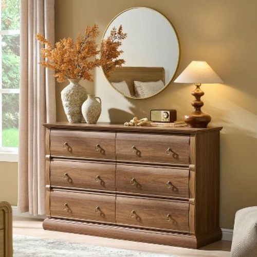 52'' Dresser for Bedroom, 6 Drawer Chest of Drawers, Modern Vintage Storage Organizer for Living Room, Hallway, Closet, Brown