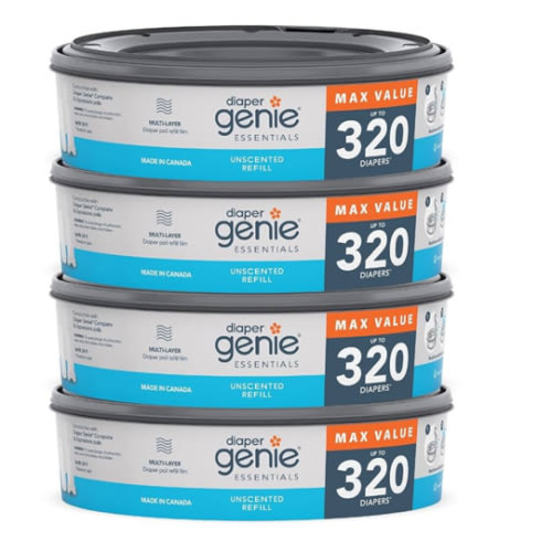 Diaper Genie Essentials Round Refill Pack of 4 | Holds Up to 1280 Newborn Diapers | Features Unscented Continuous Film | Compatible with Diaper Genie Complete and Expressions Pails