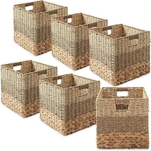 Casafield 10.5" x 10.5" Mixed Weave Storage Baskets, Natural - Set of 6 Woven Hyacinth Seagrass Wicker Storage Cube Bins for Bathroom, Bedroom, Laundry, Pantry, Shelves