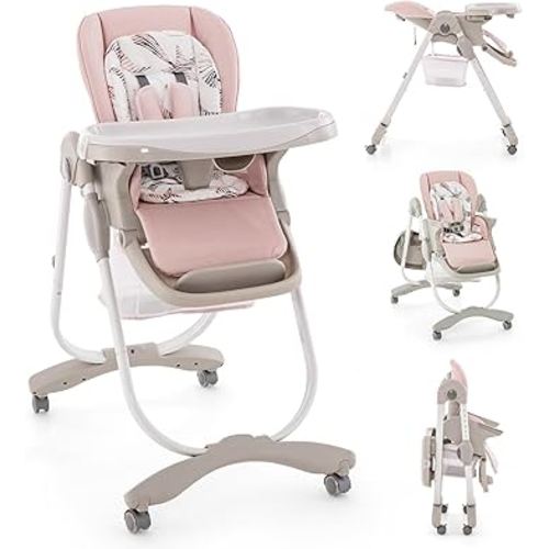 BABY JOY High Chair, Foldable Baby High Chair with Adjustable Height, Recline & Footrest, Double Removable Tray, Storage Basket, Portable Chair with Wheels for Babies & Toddlers (Pink)