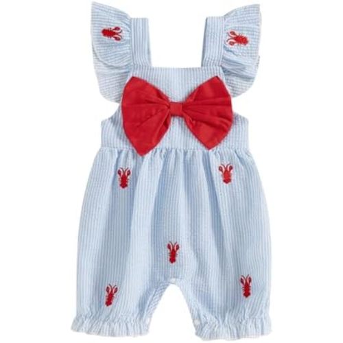 Newborn Baby Girl Summer Crawfish Outfit Fly Sleeve Embroidery Lobster Bowknot Jumpsuit Ruffle Striped Short Romper