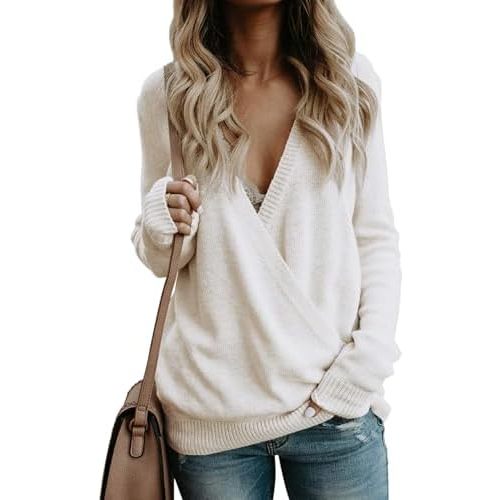 softome Womens 2025 Deep V-Neck Wrap Sweaters Long Sleeve Front Cross Loose Knitted Pullover Jumper Fall Winter Tops