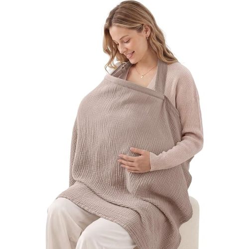 Blissful Diary Muslin Nursing Cover for Breastfeeding, Breathable Breastfeeding Cover up with Arch Neckline for Women, Nursing Apron (Agreeable Gray)
