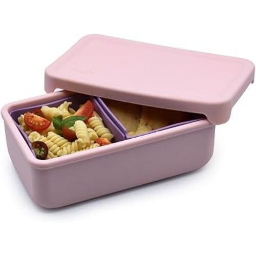 melii 100% Silicone Bento Box with Removable Dividers, 2 Compartments, Easy to Open and Close Lid, Dishwasher safe, BPA Free, Pink + Purple