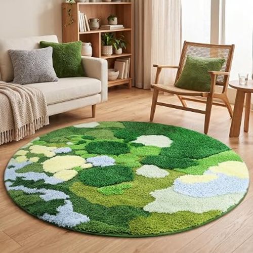 Lifup 3D Moss Round Rug, Non Slip Washable Green Grass Carpet 3.3x3.3 ft