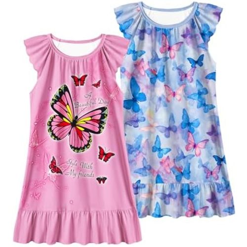 LQSZ 2Pcs Girls Nightgowns 3-10 Years Flutter Short Sleeves Nightdress Nightie Dress Sleepwear Pajamas for Little Girls