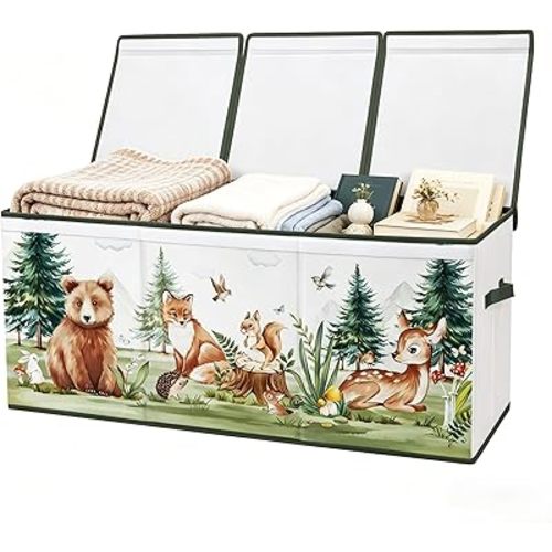 Extra Large Storage Box with Flip Lid,Collapsible Oxford Storage Organizer with Handles,Sturdy Waterproof Storage Chest for Bedroom,37.7×12.5×15.7''(Woodland Animal)
