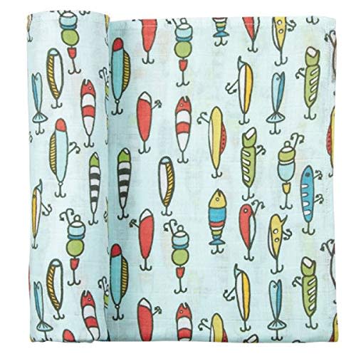Mud Pie Fishing Lure Muslin Swaddle Blanket, Cotton Baby Receiving Blanket in Kraft Gift Box