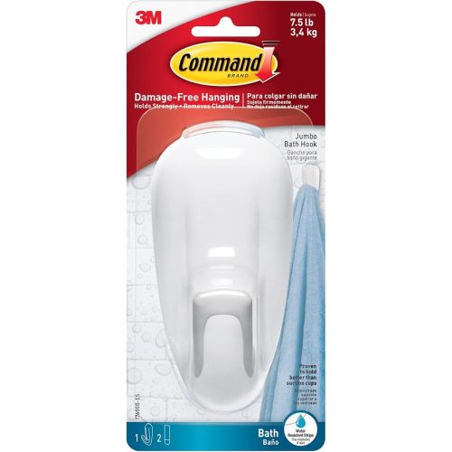 Command Large White Bath Hooks, 1 Hook, 2 Strips