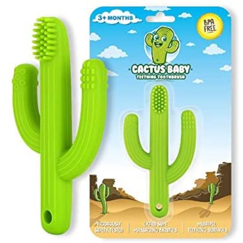 Cactus Baby Teething Toys Toothbrush | Self-Soothing Pain Relief Soft Silicone Teether Training Toothbrush for Babies, Toddlers, Infants, Boy and Girl | Natural Organic BPA Free | 3+ Months | Green