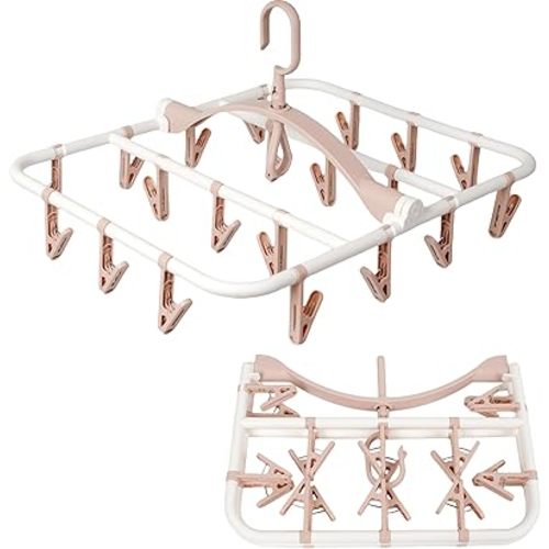 Clothes Drying Racks Foldable Clip Hangers Drip Hanger Plastic with 20 Drying Clips (Light Pink-Rectangle)