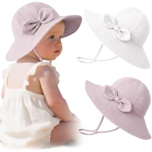 Konssy Muslin Baby Sun Hat 2-Pack, UPF 50+ Sun Protection Wide Brim Summer Beach Hat, Bucket Hat for Girls and Boys