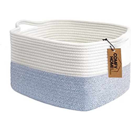 COMFY-HOMI Cotton Rope Woven Basket with Handles for shelf，Toy, Book, Cloth Storage Basket for Organizing-13.5"X11"X9.5" Storage Bin for Living Room, Newborn or Infant Gift for boy girl （White/blue）
