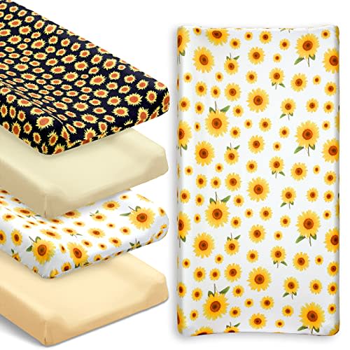 4 Pieces Muslin Sunflower Changing Pad Cover Diaper Fall Floral Change Table Sheets Thanksgiving Day Nursery Changing Pad Sheets Diaper Pad Cover for Baby Boys Girls, 31.5 x 15.75 Inches