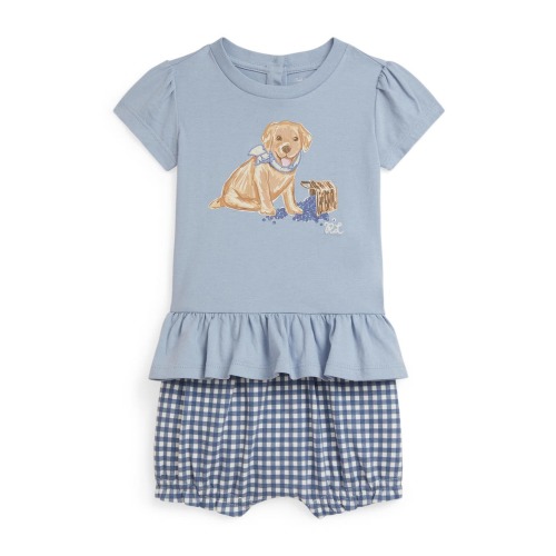 Puppy Cotton Graphic T-Shirt & Gingham Shorts Set