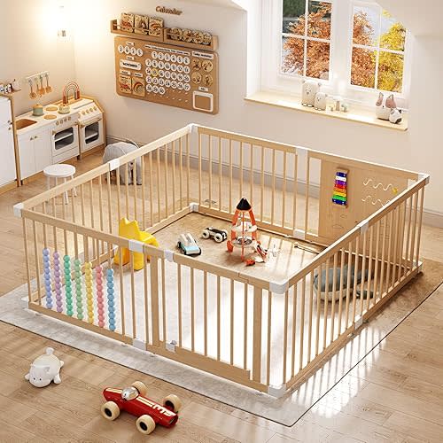 Large Wooden Baby Playpen for Babies and Toddlers, Adjustable Play Yard with Anti-Slip Base, Locking Gate & Easy Assembly, Indoor Kids Activity Center Safety Play Fence 64×64