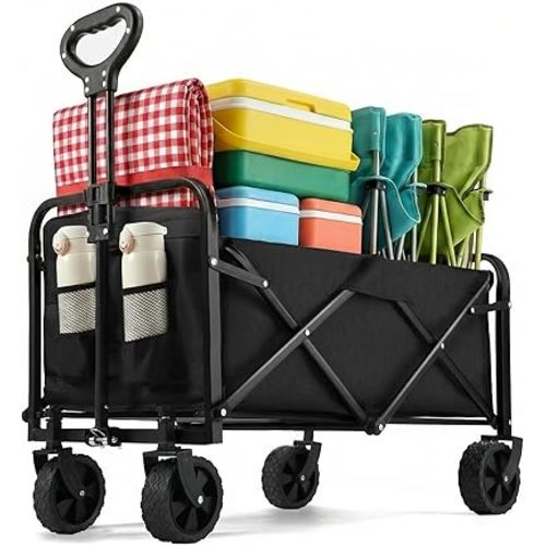 PASAMIC Collapsible Wagon 220 lbs, Heavy Duty Wagon Carts Foldable, Portable Wagons for Groceries, Beach Cart with All-Terrain Wheels & Drink Holders, Utility Wagon for Shopping, Sports, Camping,Black