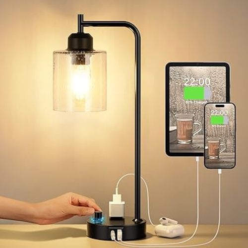 Industrial Bedside Table Lamp for Bedroom - Nightstand Lamps with USB C Charging Port, Fully Dimmable Black Ports and Outlets, Small Desk Glass Shade Office Living Room