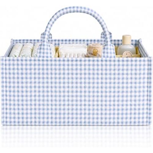 Shinylin Diaper Caddy Organizer Blue Gingham Baby Diaper Organizer Basket