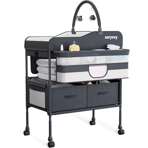 Saryocy Baby Changing Table with Storage, Versatile Folding Changing Table, Baby Changing Station, Removable Wheels, 4 Adjustable Height, Waterproof, Mobile Nursery for Infant and Newborn