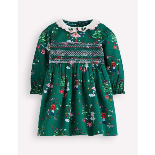 Smocked Party Dress-Alpine Green Festive