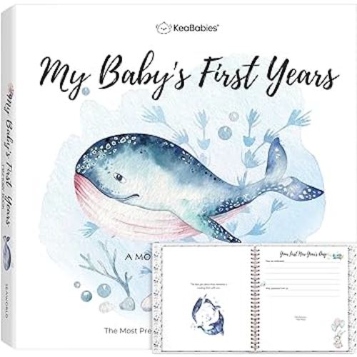 First 5 Years Baby Memory Book Girl, Boy - 90 Pages Hardcover First Year Milestone Keepsake Book, Newborn Scrapbook for New Parents, Minimalist Photo Album Journal, Gift for Baby Shower (SeaWorld)