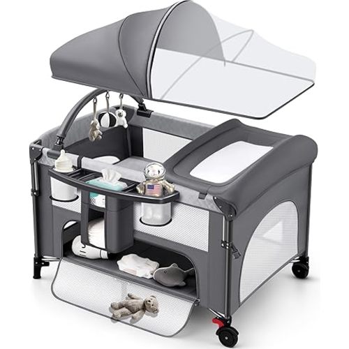 4 in 1 Baby Bassinet Bedside Crib with One-Hand Setup & Waterproof Mattress – ASTM-Certified Pack and Play, Portable Foldable Playard with Diaper Changer for Newborn to Toddler (Grey)