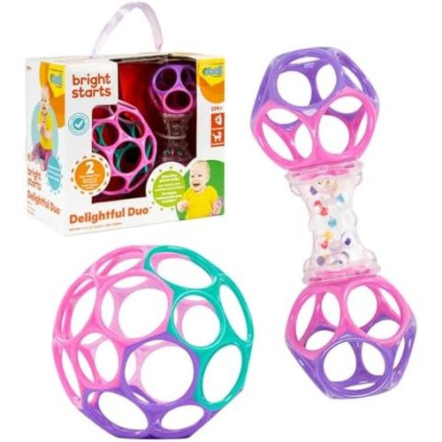 Bright Starts Delightful Duo 2-Pack Gift Set with Easy-Grasp Oball Rattles, Pink, Baby Toys for Newborn and Up