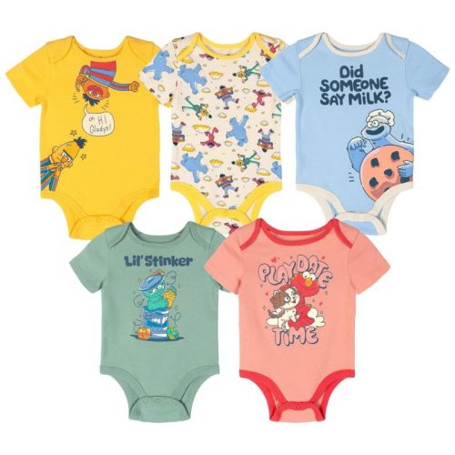 Sesame Street Infant Baby Boys 5 Pack Bodysuits Blue / Yellow / Beige / Green / Red 24 Months