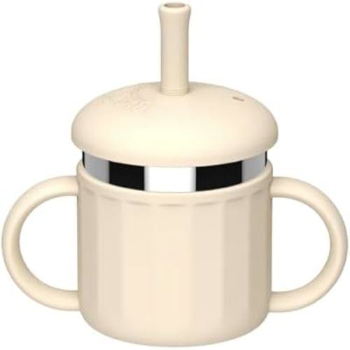 Stainless Steel Toddler Cup with Silicone Sleeve – 100% Leak-Proof Sippy Cup with Handles & Straw – Non-Toxic, Easy to Clean, Dishwasher Safe Baby Cup for Ages 6M+(Nude)