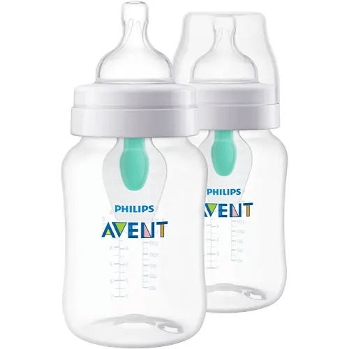 Philips Avent Anti-Colic Baby Bottle with AirFree Vent, 9oz, with Flow 2 Nipples, 1m+, 2pk, Clear, SCY703/02