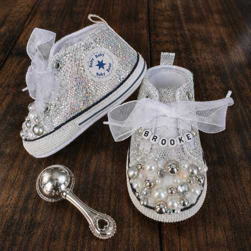 Custom Silver Sparkle Baby Sneakers with Pearl and Rhinestone bling embellishments