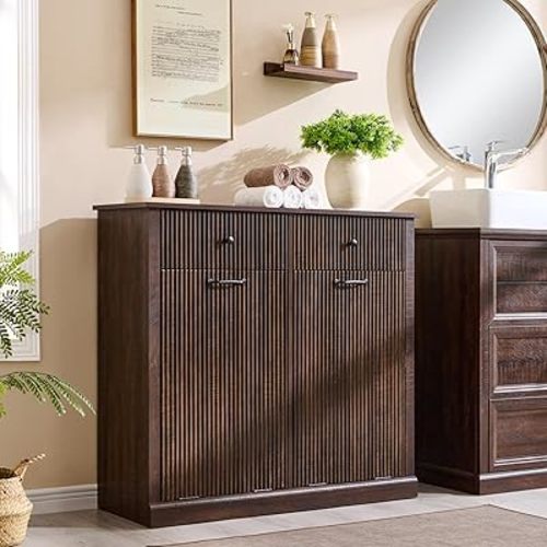 Modern Double Tilt-Out Laundry Hamper Cabinet, 20 Gallon Fluted Trash Can Cabinet w/2 Drawers, Wooden Hidden Garbage Can Cabinets w/Laundry Basket, Free Standing for Bathroom and Kitchen, Brown