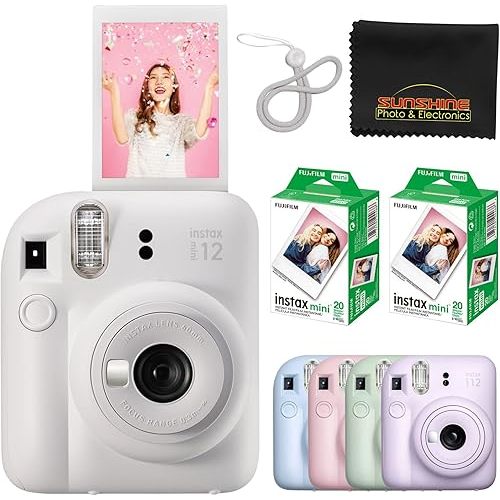 Fujifilm Instax Mini 12 Instant Camera Clay White with 40 Sheets Fujifilm Instax Mini Film Bundle, Sunshine Photo Microfiber Cleaning Cloth Included