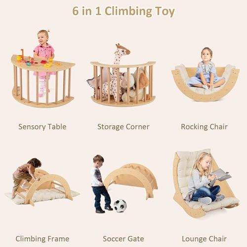 INFANS Wooden Arch Climber Rocker with Soft Cushion, 6 in 1 Montessori Climbing Toys for Toddlers, Waldorf Indoor Table Baby Children Ladder Gym Learning Playset for Kids (Natural with Desktop)