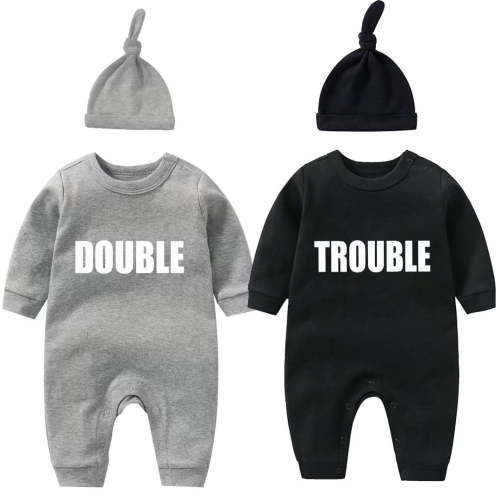 AOUYOA Baby Twins Bodysuits Newborn Baby Outfit Funny Double Trouble Clothing Set with hat