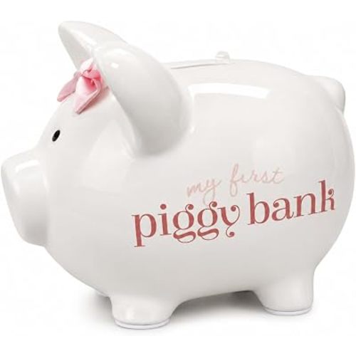Kate & Milo My First Bank Mini Ceramic Piggy Bank, White with Pink Bow