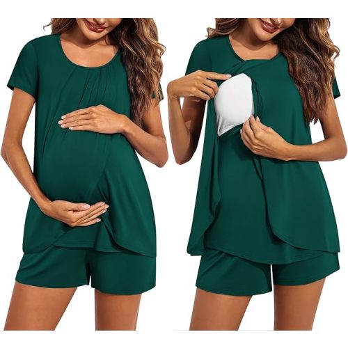 Ekouaer Women's Maternity Nursing Pajamas Set Breastfeeding Sleepwear Double Layer Short Sleeve Top & Shorts Nursing Pjs