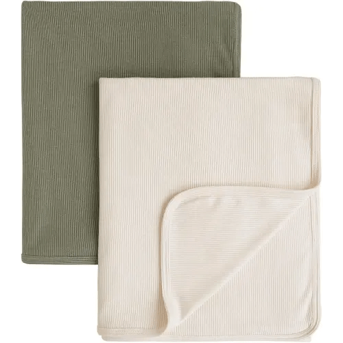Konssy Knit Baby Blanket 2 Pack, Soft Ribbed Swaddle Receiving Blankets for Boys & Girls, Lightweight Cozy Swaddling Wrap for Newborns, Infants, & Toddlers, 33x42 Inch (Beige, Sage)
