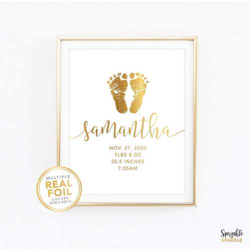 Newborn Baby Birth Stats Birth Announcement -  Foot prints Gold Foil, Real Foil Print, Wall Art, Boy Girl Nursery art, baby shower gift 06