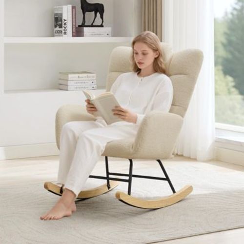 Nursery Rocking Chair, Teddy Upholstered Glider Rocking Chair with High Backrest, Armchair Reading Chair for Bedroom, Living Room, Without Ottoman