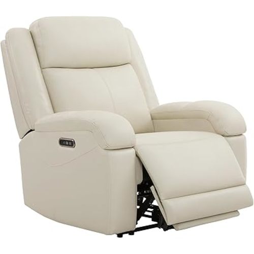 Watson & Whitely Oversized Genuine Leather Power Recliner Chairs for Big and Tall, Wall Hugger Recliner with Power Headrest & Charging Ports, Extra Large Reclining Chair for Living Room, Cream