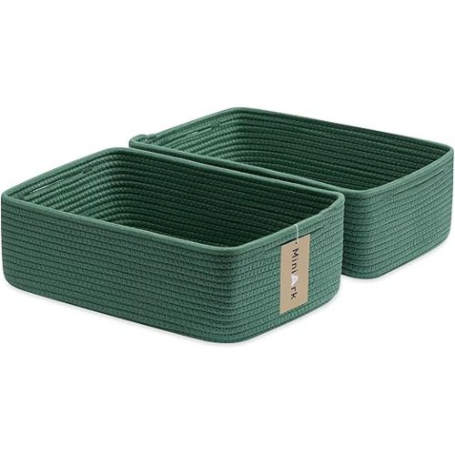 Large Shallow Organizing Baskets 15x11x5.1 Inches - Rope Woven Storage Bins for Bathroom, Shelves, Cube Closet, Green 2 Packs