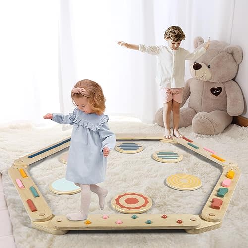 Balance Beam Wooden Balance Board Stepping Stones Montessori Toy for Kids 3-5 Toddler Gross Motor Skills Build Coordination Gymnastics Obstacle Course Indoor Outdoor Gift 6pcs