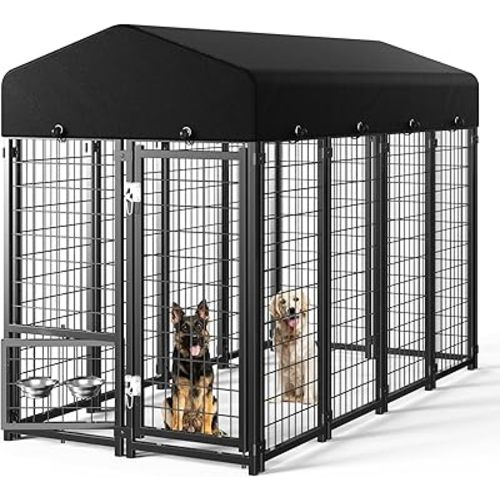 Dog Kennel Outdoor, Large Outside Dog Kennel with Roof & Swivel Feeders/Removable Doggy Door Allow Connecting Your Dog House, Heavy Duty Dog Run Pen for Medium/Large Dogs (8'L x 4'W x 6'H)