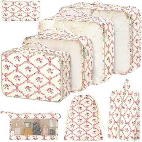 8 Set Packing Cubes for Suitcases,Packing Cube with Shoe, Cosmetics, Clothing, and Accessories Bags Packing Cubes for Travel Luggage Organizer Women Men(Bow Flowers)