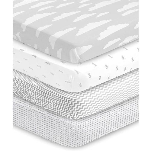 BaeBae Goods Premium Crib Sheets for Baby Boys and Girls, 4 Pack, Soft and Breathable Jersey Knit Fitted Sheet Set, Grey and White, Cute Gender Neutral Nursery Mattress Bedding, Universal Fit