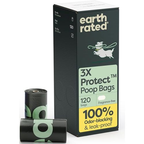 Earth Rated 3X Protect Dog Poop Bag Rolls, Odor Blocking Leak Proof Extra Thick, Unscented, 120 Count